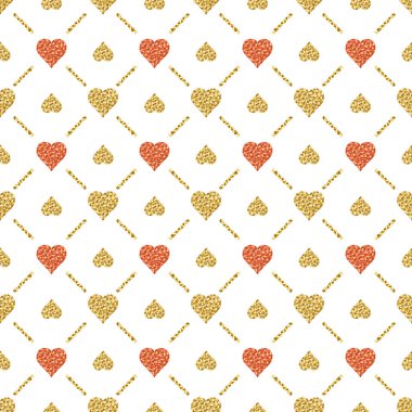 Altın ışıltılı kalpler ile sorunsuz Sevgililer desen. Altın Seamless modeli. Tekrarlanabilir Sevgililer günü tasarım. Kumaş, hurda rezervasyon, duvar kağıdı, web arka plan, davet, vektör için kullanılabilir