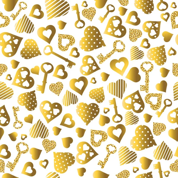 Naadloze valentines patroon met gouden glittering hearts en sleutels. Gouden naadloze patroon. Herhaalbare Valentijnsdag ontwerp. Kan worden gebruikt voor stof, scrapbookingateliers, behang, webachtergrond, uitnodiging, vector — Stockvector