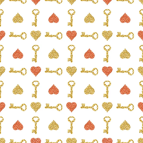 Altın ışıltılı Kalpler ve anahtarları ile sorunsuz Sevgililer desen. Altın Seamless modeli. Tekrarlanabilir Sevgililer günü tasarım. Kumaş, hurda rezervasyon, duvar kağıdı, web arka plan, davet, vektör için kullanılabilir — Stok Vektör