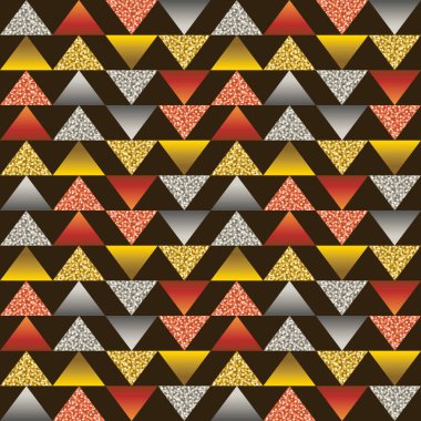 Altın ve gümüş pırıltılı üçgenler ile Seamless modeli. Kahverengi zemin üzerine altın geometrik tekrarlanabilir model. Kumaş, hurda rezervasyon, duvar kağıdı, web, davet, kağıt, vektör için kullanılabilir