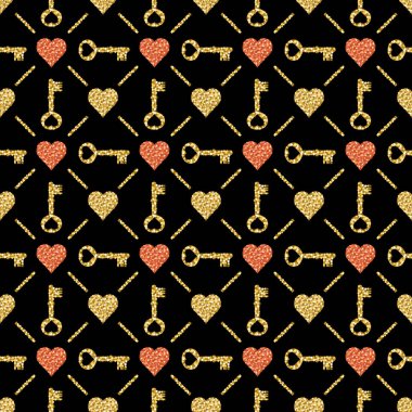 Altın ışıltılı Kalpler ve siyah arka plan tuşlar ile sorunsuz Sevgililer desen. Tekrarlanabilir Sevgililer günü tasarım. Kumaş, hurda rezervasyon, duvar kağıdı, web arka plan, davet, vektör için kullanılabilir