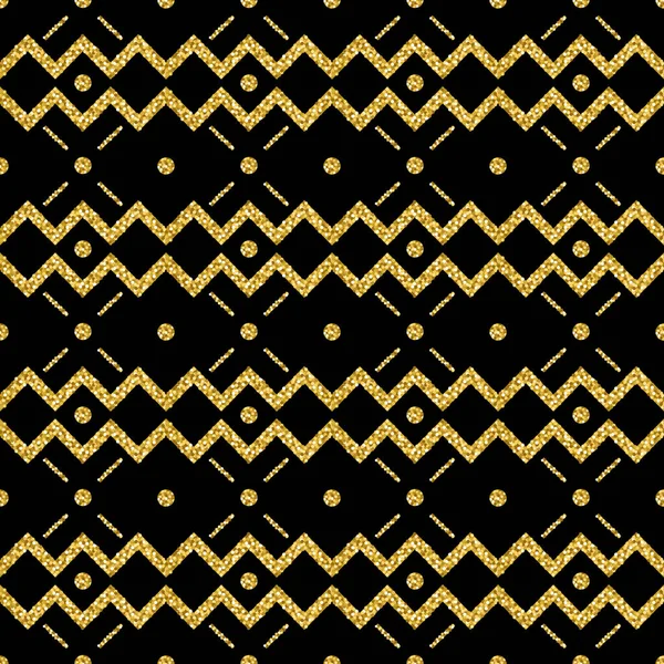 Goldenes, nahtlos glitzerndes Zickzackmuster auf schwarzem Hintergrund. wiederholbares geometrisches Design. kann für Stoff, Tapete, Web-Hintergrund, Grußkarte, Schrott-Buchung, Vektor verwendet werden — Stockvektor