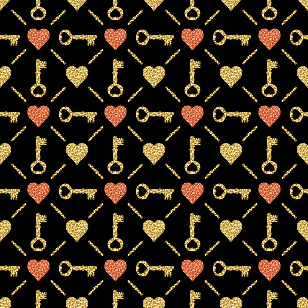 Nahtloses Valentinsmuster mit goldenen glitzernden Herzen und Schlüsseln auf schwarzem Hintergrund. wiederholbare Valentinstag Design. kann für Stoff, Schrott Buchung, Tapete, Web-Hintergrund, Einladung, Vektor verwendet werden — Stockvektor