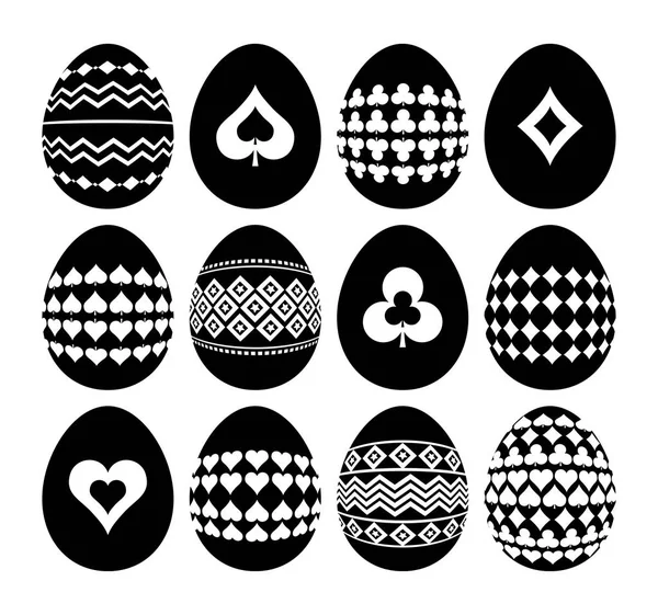 Juegos de azar y símbolos geométricos en los huevos de Pascua. Siluetas de huevos de Pascua negros aislados sobre fondo blanco. Plantilla, diseño de impresión, pegatina, reserva de chatarra, sello, ilustración de vectores — Archivo Imágenes Vectoriales