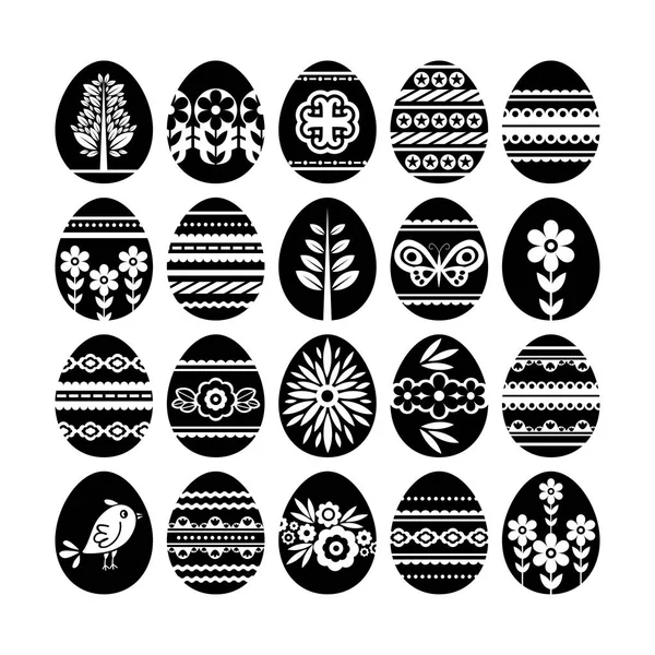 Siluetas de huevos de Pascua negros aislados sobre fondo blanco. Huevos de Pascua navideños decorados con flores y hojas. Diseño de impresión, etiqueta, pegatina, reserva de chatarra, sello, ilustración de vectores — Archivo Imágenes Vectoriales