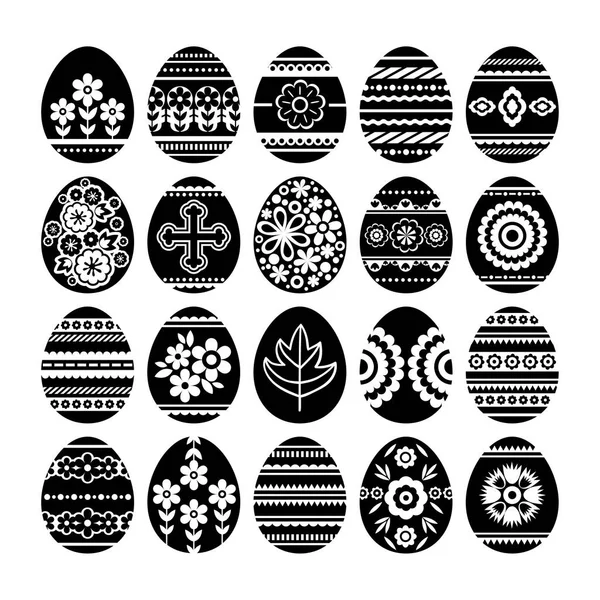 Силуэты черных пасхальных яиц выделены на белом фоне. Праздничные пасхальные яйца украшены цветами и листочками. Печать дизайн, этикетка, наклейка, бронирование лома, штамп, векторная иллюстрация — стоковый вектор