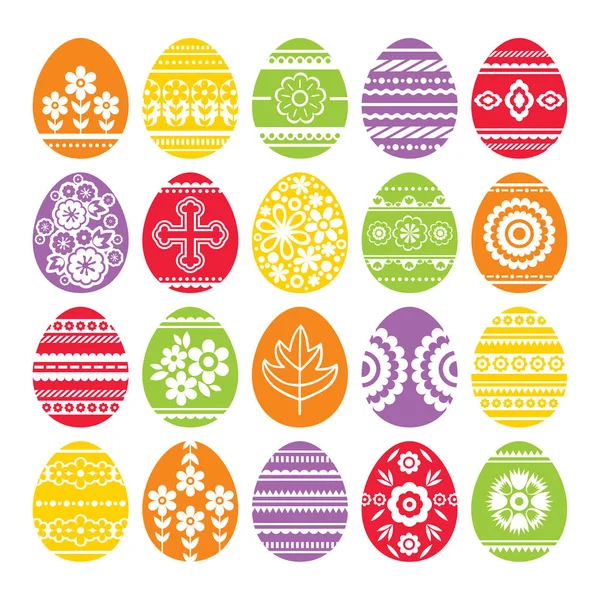 Силуэты цветных пасхальных яиц выделены на белом фоне. Праздничные пасхальные яйца украшены цветами и листочками. Печать дизайн, этикетка, наклейка, бронирование лома, штамп, векторная иллюстрация — стоковый вектор