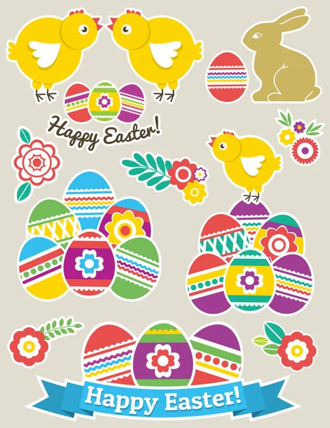 Colorea las pegatinas de Pascua con huevos, conejo y pollo. Huevos de Pascua de vacaciones decorados con flores. Diseño de impresión, etiqueta, pegatina, reserva de chatarra, sello, ilustración de vectores — Vector de stock