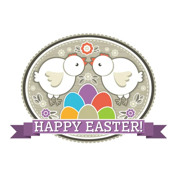 Velikonoční štítek s barevné vejce, kuře a květiny. Sváteční Velikonoční pozdravy karta. Tisk design, štítek, štítek, šrot rezervace, razítka, vektorové ilustrace — Stockový vektor