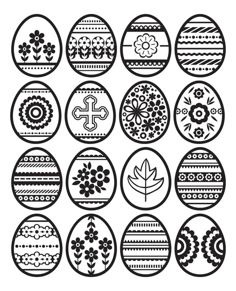 Silhouettes of black Easter eggs isolated on white background. Holiday Easter Eggs decorated with flowers and leafs. Print design, label, sticker, scrap booking, stamp, vector illustration — Stock Vector