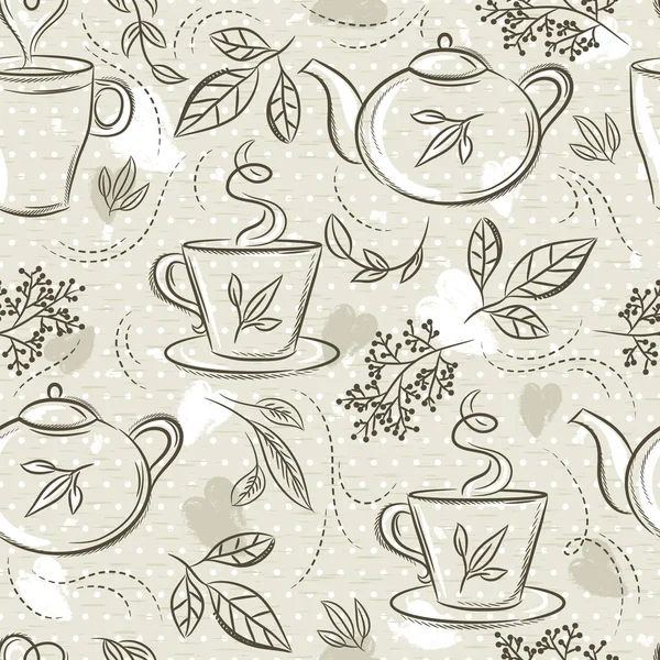 Çay seti, fincan, çaydanlık, yaprak, çiçek ve metin ile bej dikişsiz desenler. Çay seti ile arka plan. Kumaş ve kağıt veya hurda rezervasyon üzerine baskı için idealdir. — Stok Vektör