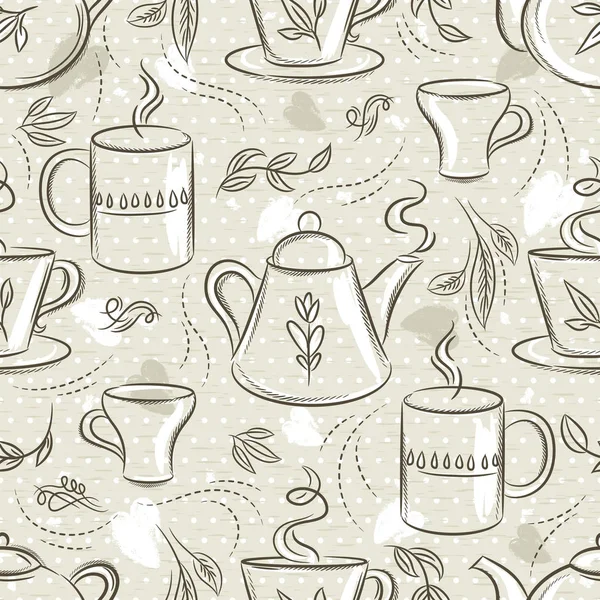 Beige seamless patterns with tea set, cup, teapot, leafs, flower and text. Background with coffee set. Ideal for printing onto fabric and paper or scrap booking. — Stock Vector