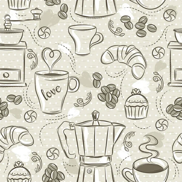 Beige seamless patterns with coffee set, coffee maker, muffin, cup, flower. Beige Background with coffee set. Ideal for printing onto fabric and paper or scrap booking. — Stock Vector