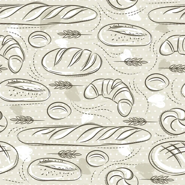รูปแบบสีเบจไร้รอยต่อกับขนมปังที่แตกต่างกันครัวซองต์ข้าวสาลี เหมาะอย่างยิ่งสําหรับการพิมพ์ลงบนผ้าและกระดาษหรือการจองเศษ . — ภาพเวกเตอร์สต็อก