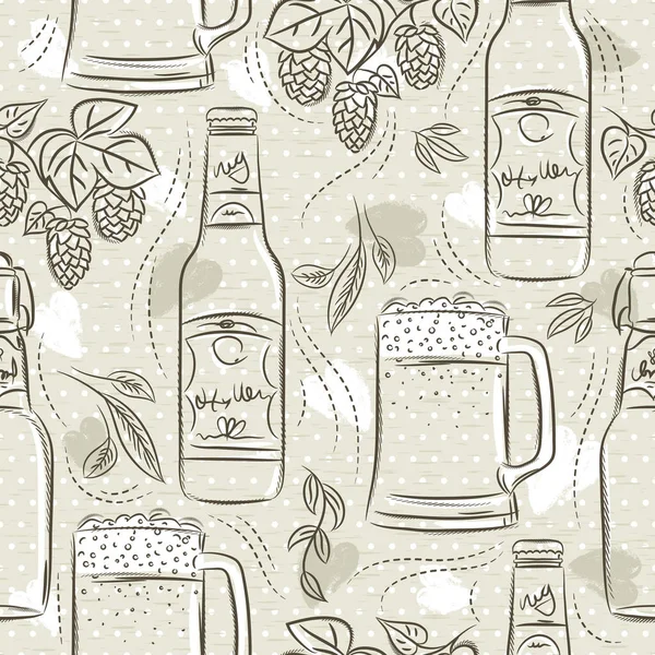 Patrones beige sin costura con conjunto de botella de cerveza, taza y salto. Ideal para imprimir en tela y papel o chatarra de reserva . — Archivo Imágenes Vectoriales