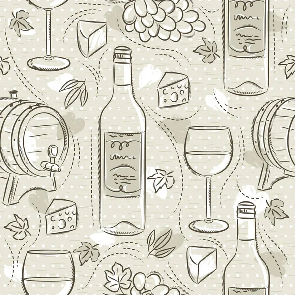 Motifs sans couture beige avec ensemble de vin rouge, fût, tonneau, verre à vin, raisin et fromage. Idéal pour l'impression sur tissu et papier ou la réservation de rebuts . — Image vectorielle