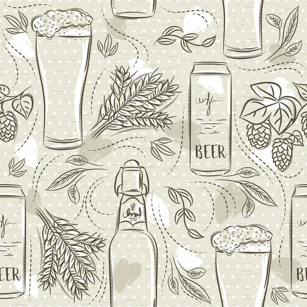 Beige seamless patterns with set of beer bottle, mug, barley and hop. Ideal for printing onto fabric and paper or scrap booking. — Stock Vector