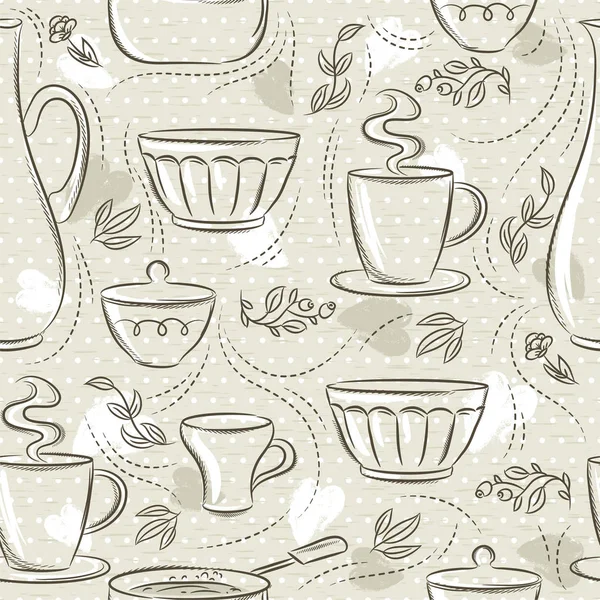 Motifs sans couture beige avec différentes vaisselle, fleur, tasse, casserole. Idéal pour l'impression sur tissu et papier ou la réservation de rebuts . — Image vectorielle