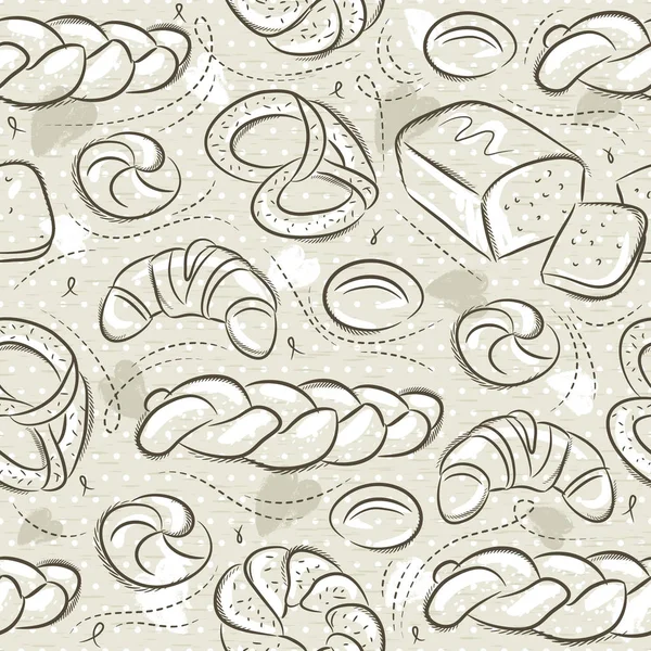 Beige seamless patterns with different breads, Easter bread, pretzel, bap and croissant. Ideal for printing onto fabric and paper or scrap booking. — Stock Vector