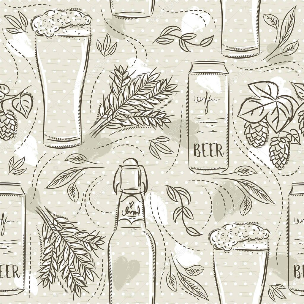 Beige seamless patterns with set of beer bottle, mug, barley and hop. Ideal for printing onto fabric and paper or scrap booking.