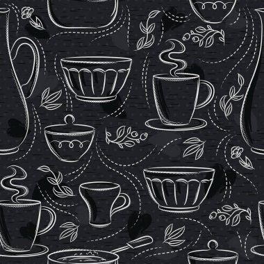 Farklı sofra, çiçek, fincan, kara tahta üzerinde tava ile Dikişsiz desenler. Kumaş ve kağıt veya hurda rezervasyon üzerine baskı için idealdir.