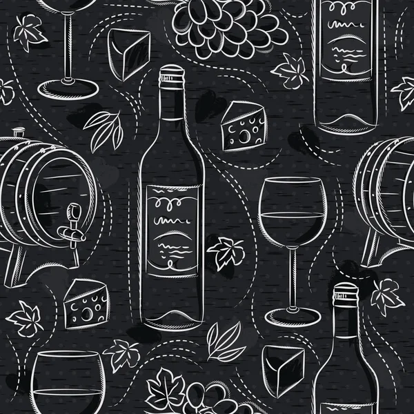 黒い黒板に赤ワインセット、樽、樽、ワイングラス、ブドウとチーズとシームレスなパターン。生地、紙、スクラップ予約に印刷するのに最適. — ストックベクタ