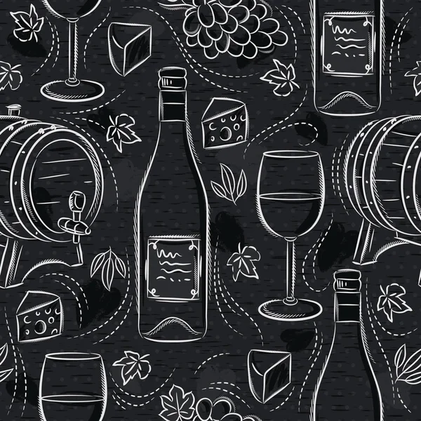 黒い黒板に白ワインセット、樽、樽、ブドウ、チーズとシームレスなパターン。生地、紙、スクラップ予約に印刷するのに最適. — ストックベクタ