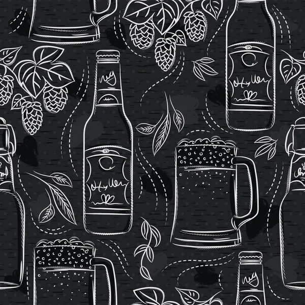 Seamless patterns with set of beer bottle, mug and hop on black chalkboard. Ideal for printing onto fabric and paper or scrap booking. — Stock Vector