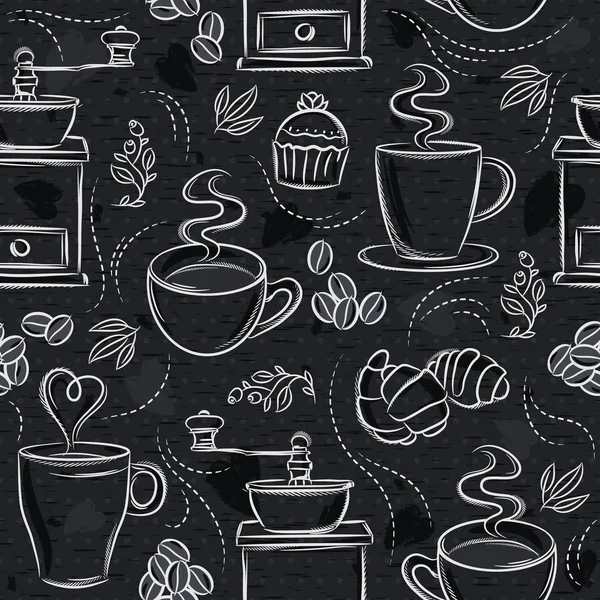 Bezešvé vzory s kávovou sadou, šálkem, srdcem, kávovou mlýnou a textem na černé tabuli. Ideální pro tisk na tkaniny a na rezervaci papíru nebo šrotu. — Stockový vektor