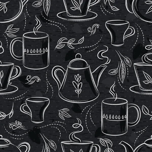 Nahtlose Muster mit Tee-Set, Tasse, Teekanne, Blättern, Blume und Text auf Kreidetafel. Hintergrund mit Kaffeeset vorhanden. ideal zum Drucken auf Stoff und Papier oder zur Entsorgung. — Stockvektor