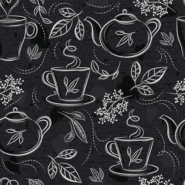 Nahtlose Muster mit Tee-Set, Tasse, Teekanne, Blättern, Blume und Text auf Kreidetafel. Hintergrund mit Teeservice vorhanden. ideal zum Drucken auf Stoff und Papier oder zur Entsorgung. — Stockvektor