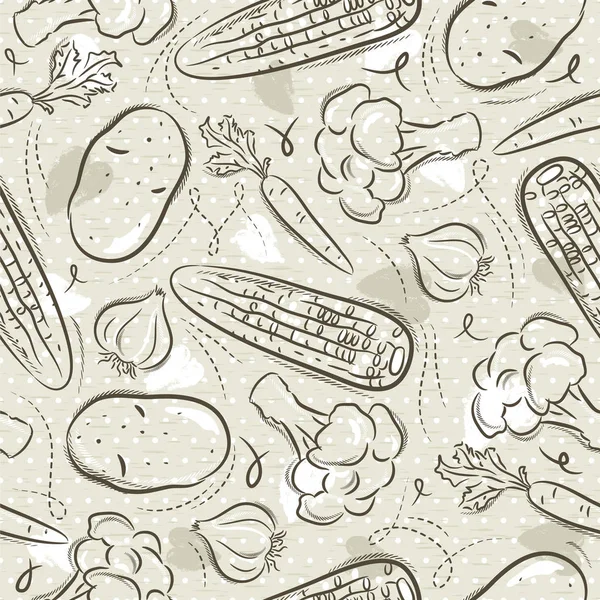 Motifs sans couture beige avec légumes, brocoli, maïs et pomme de terre. Idéal pour l'impression sur tissu et papier ou la réservation de ferraille, vecteur . — Image vectorielle