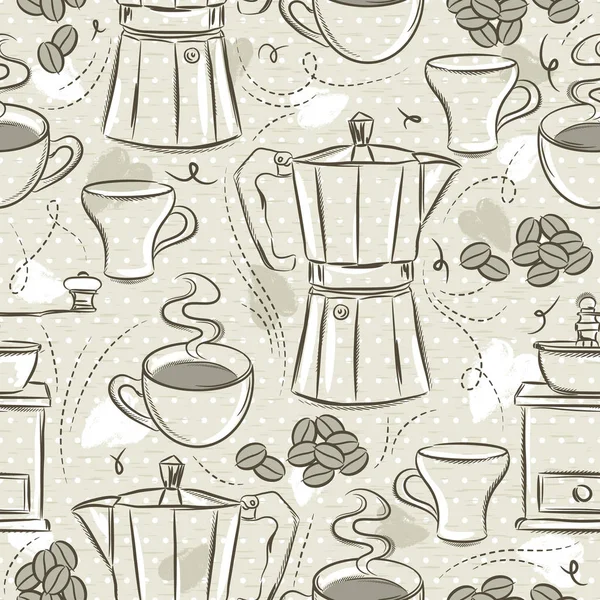 Beige seamless patternsBeige seamless patterns of coffee set, coffee cup, coffee mill, kettle. Ideal for printing onto fabric and paper or scrap booking, vector. of coffee set, coffee cup, coffee mill, — Stock Vector