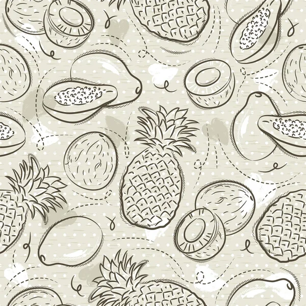Beige naadloze patronen met papaya, kokosnoot en ananas op grunge achtergrond. Ideaal voor afdrukken op stof en papier of scrapbookingateliers, Vector. — Stockvector