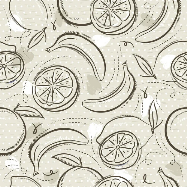 Beige Seamless Patterns  with  bananas, oranges and lemons on grunge background. Ideal for printing onto fabric and paper or scrap booking, vector. — Stock Vector