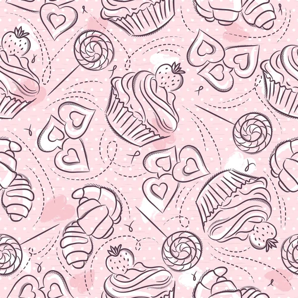 Pink Seamless patterns with cupcake, croissant and cookie on grunge background. Ideal for printing onto fabric and paper or scrap booking, vector — Stock Vector