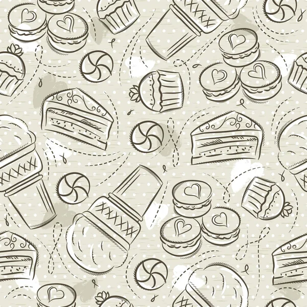 Beige Seamless Patterns with cupcake, ice cream, muffins, croissant, cake and cookie on grunge background. Ideal for printing onto fabric and paper or scrap booking, vector. — Stock Vector