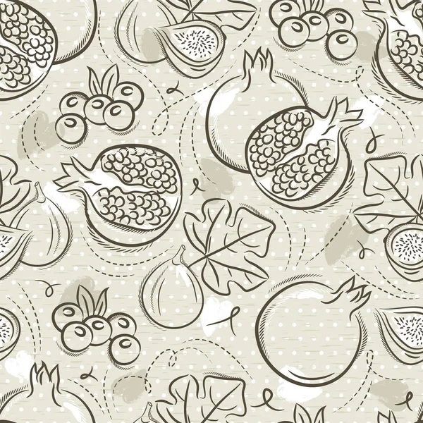 Beige Seamless Patterns with pomegranate, fig and blueberry on grunge background. Ideal for printing onto fabric and paper or scrap booking, vector — Stock Vector