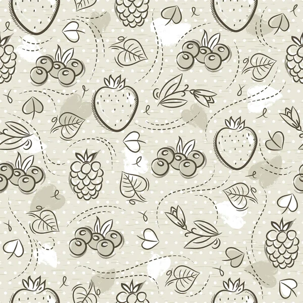 Beige Seamless Patterns con fragola, mora, mirtillo e lampone su sfondo grunge. Ideale per la stampa su carta e tessuto o prenotazione di rottami, vettore — Vettoriale Stock