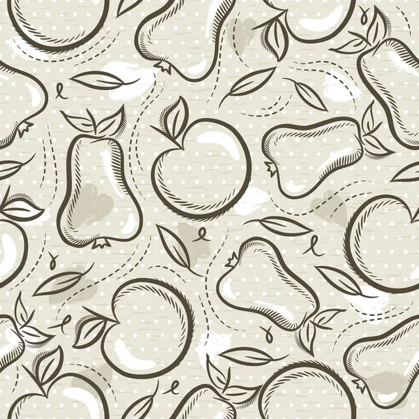 Patrones sin costura beige con frutas, manzanas y peras sobre fondo grunge. Ideal para imprimir en tela y papel o chatarra reserva, vector — Archivo Imágenes Vectoriales