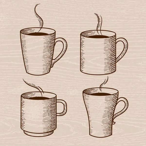 Vintage Set of vector illustration of coffee and cups. Cup of coffee, latte, cappuccino and tea drawn in vintage style. Hand drawn engraving style vector cups isolated on white background. — Stock Vector