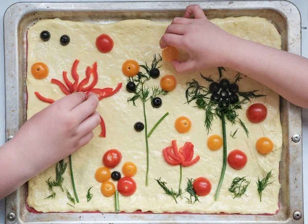 Focaccia Gardens Trend Kids Making Focaccia Art Bread Little Chef Stock Image