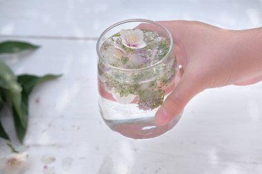 Çiçekli buz küpleriyle alkolsüz yaz kokteyli.