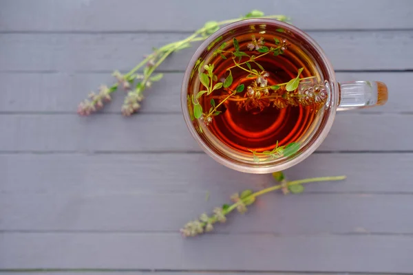Cam Bardakta Kekik Çayı Sağlık Için Bitki Çayı Geleneksel Ilaç — Stok fotoğraf