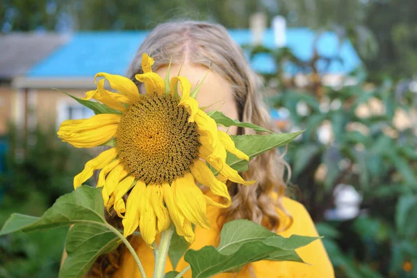 Una Chica Escondida Detrás Girasol Chica Rubia Rizada Olding Girasol —  Fotos de Stock