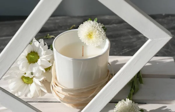 Organic Scented Soy Candle White Wooden Rack White Frame Loft Stock Picture