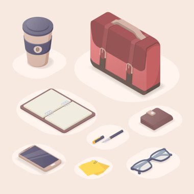 İş araçları izometrik 3D yürütme aksesuarları bavulu için mükemmel