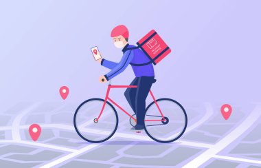 Kurye bisikleti sürmek ve maske takmak GPS navigasyonundan sonra gideceğiniz adrese taşımak modern düz çizgi film stili illüstrasyon