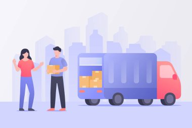Müşteri kamyon ile paket kurye teslimatı alıyor. Modern düz çizgi film stili vektör illüstrasyonunda arka plan görüntüleme kulesi binası.