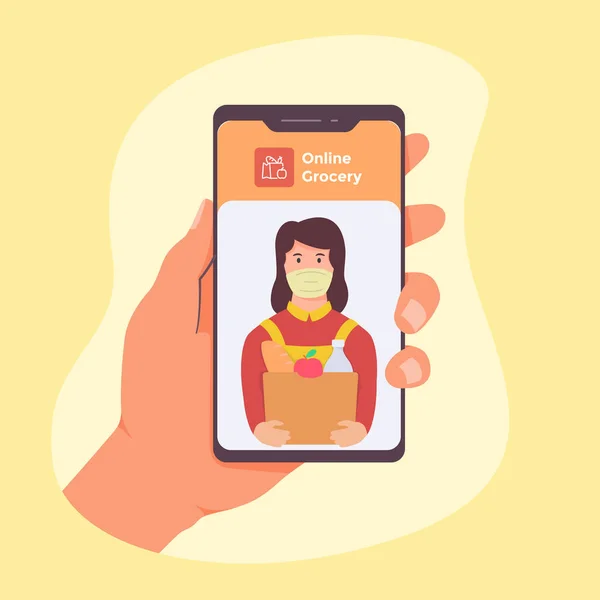 Πελάτης Ματιά Στο Προφίλ Θηλυκό Courier Χρησιμοποιώντας Smartphone Παράδοση Παντοπωλείο — Διανυσματικό Αρχείο